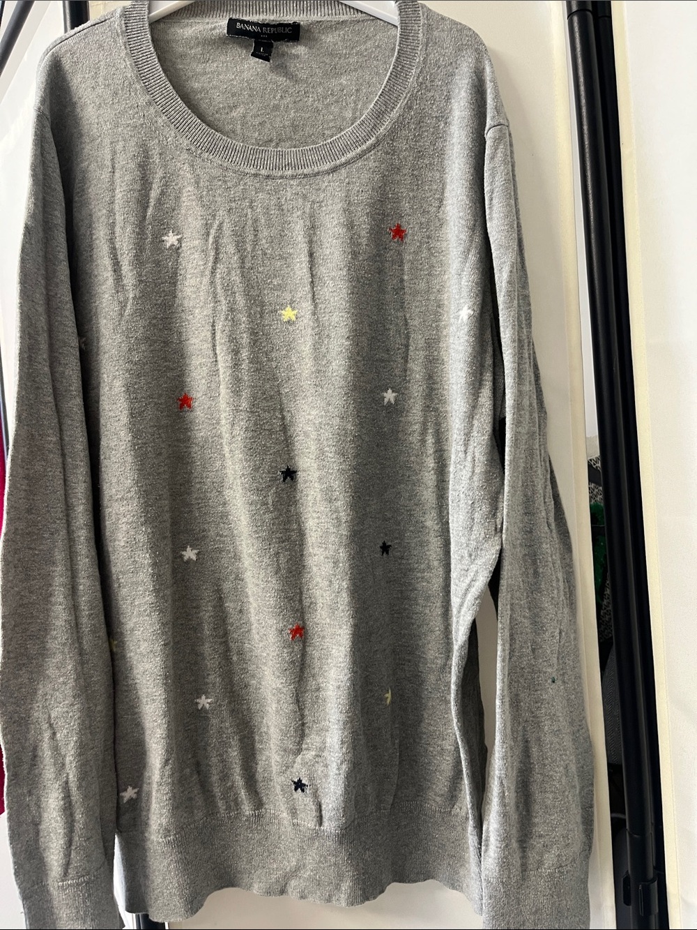 Banana Republic large Gray Crewneck Sweater with Multicolor Star Embroidery